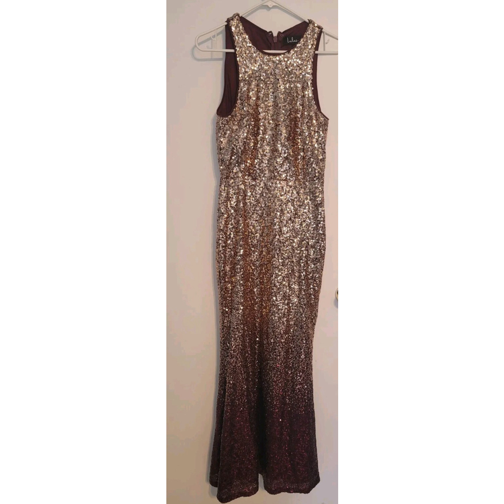 Lulus Sequin Rose Gold Burgundy Ombre Formal Evening Gown Large